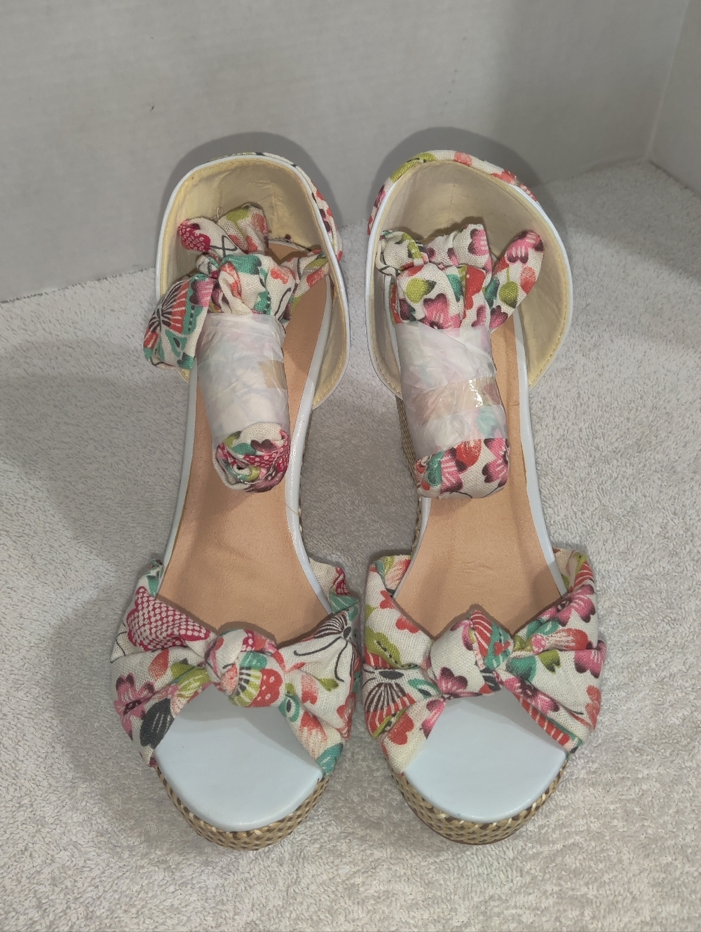 Floral Bow Ankle-Strap Wedge Sandals White Multicolor